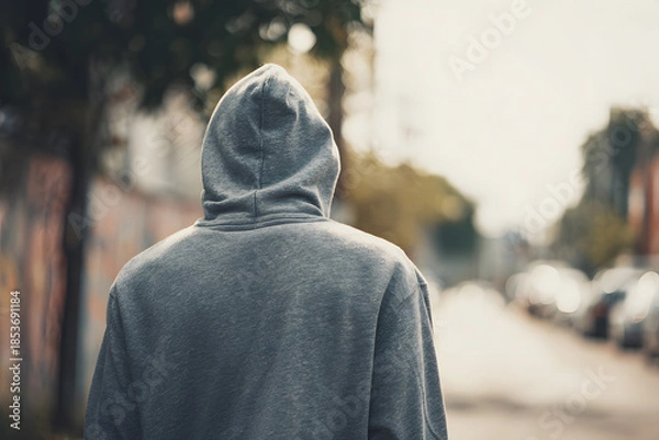 Fototapeta Person walking on the street in a gray hoodie during the day with trees and buildings in the background