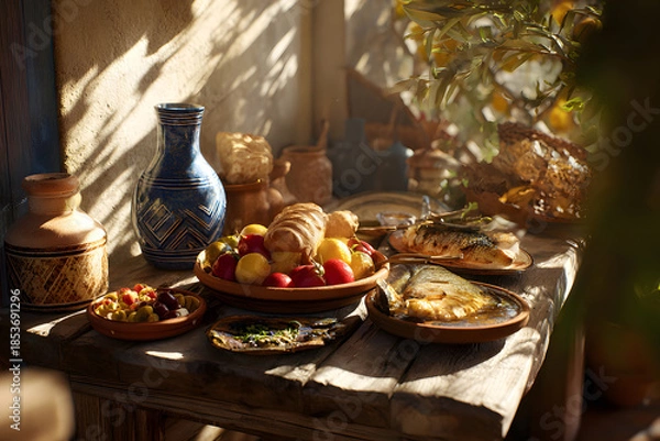 Fototapeta Table filled with various cooked dishes in a rustic setting during a daytime meal