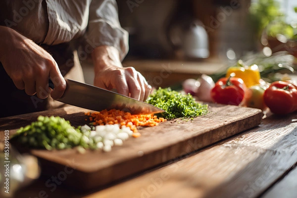 Fototapeta Person prepares vegetables on wooden cutting board in kitchen during daytime