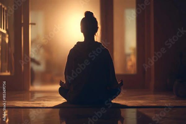 Fototapeta Meditation session with sunlight streaming through windows at dawn