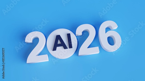 Obraz AI 2026 Concept with 3D Typography on Blue Background, Future Artificial Intelligence Technology