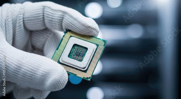 Obraz Precision Semiconductor Chip Held by Gloved Hand A Microelectronics Marvel of Engineering and Technology for Computing Power and Innovation