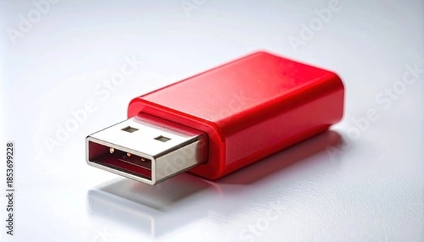 Fototapeta Red USB Flash Drive on White Surface - Data Storage Solution.