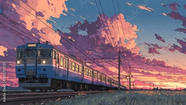 Obraz A train travels through a field at sunset with dramatic clouds