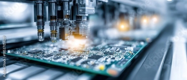 Obraz Circuit board assembly process with machinery technology concept