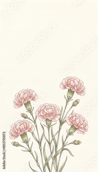 Obraz Pink carnations with green stems on soft neutral background  