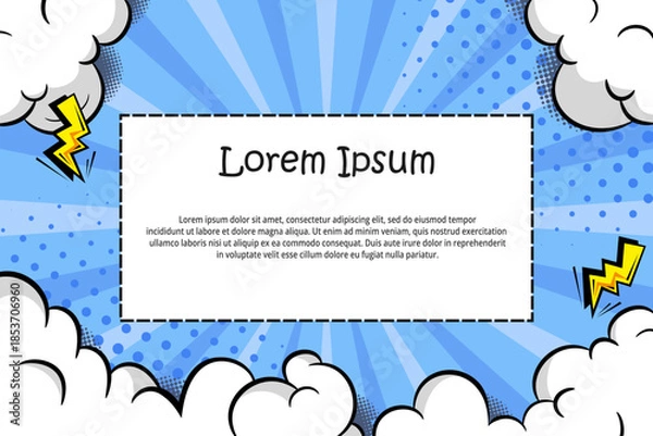 Obraz comic style background with clouds and a fun blue color