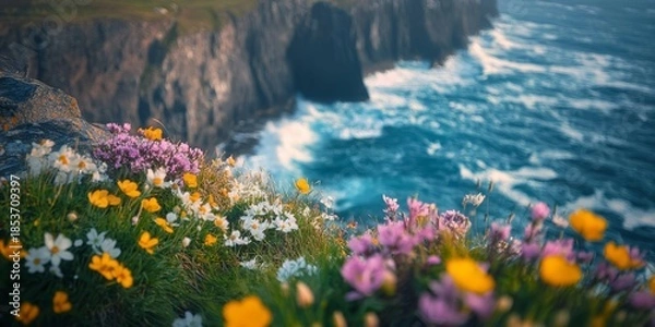 Obraz Wildflowers blooming on a cliff overlooking the ocean in spring