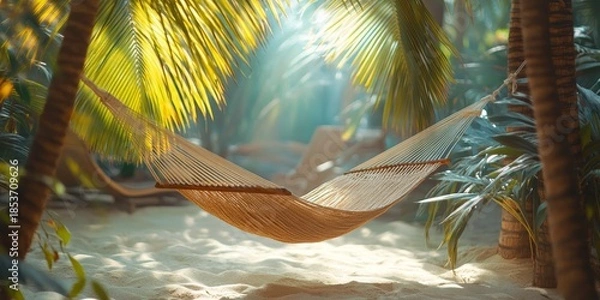 Obraz Empty hammock hanging between palm trees on tropical sandy beach