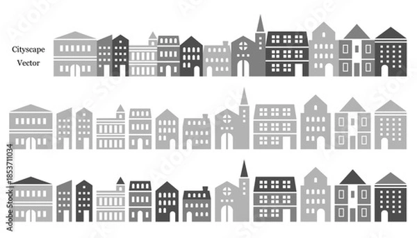 Fototapeta シンプルな街並みのイラスト素材セット ベクター モノクロ 家 白背景