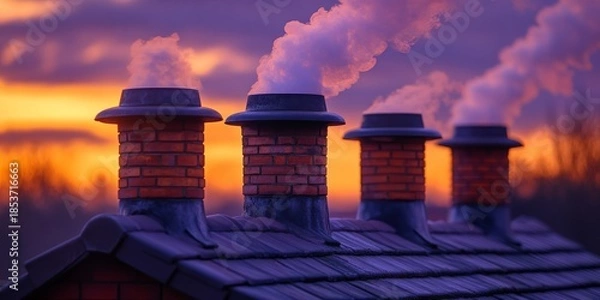 Obraz Smoking chimneys on rooftop at sunset creating pollution