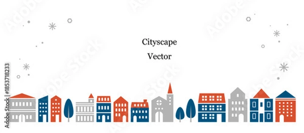 Fototapeta シンプルな冬の街並みのイラスト素材 ベクター 家 雪 白背景 フレーム