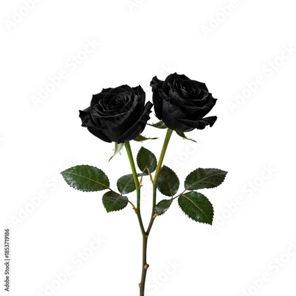 Obraz Two black roses with green stems and leaves
