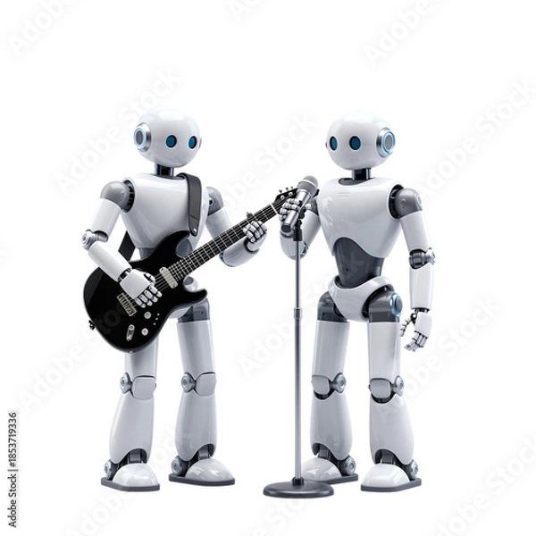 Obraz Two robots playing guitar and singing into a microphone