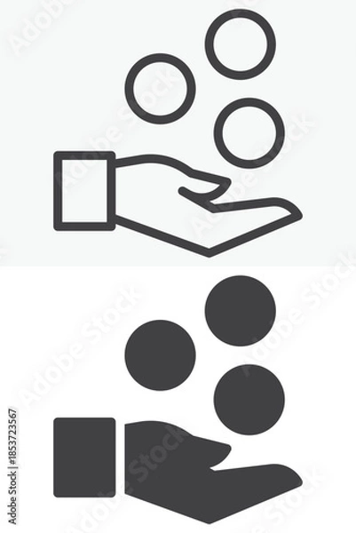 Fototapeta Hand holding coins line and solid vector icon set