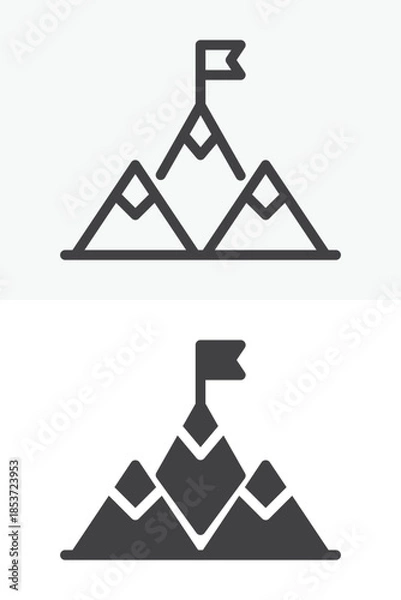 Fototapeta Mountain peak goal line and solid vector icon set