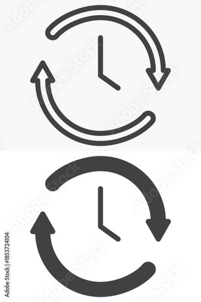Fototapeta Clock arrows refresh line and solid vector icon set