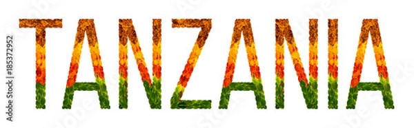 Fototapeta word tanzania country is written with leaves on a white insulated background, a banner for printing, a creative developing country colored leaves tanzania