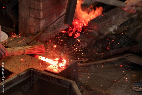 Fototapeta 火花が散る日本刀の鍛錬風景