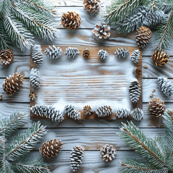 Obraz Christmas Pine Cones and Snow Covered Branches Vector Frame