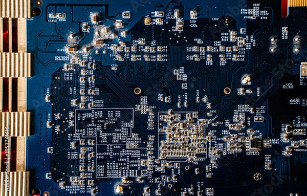 Obraz Microchip mounted on a red printed circuit board. Electronics, hardware and technology concept.
