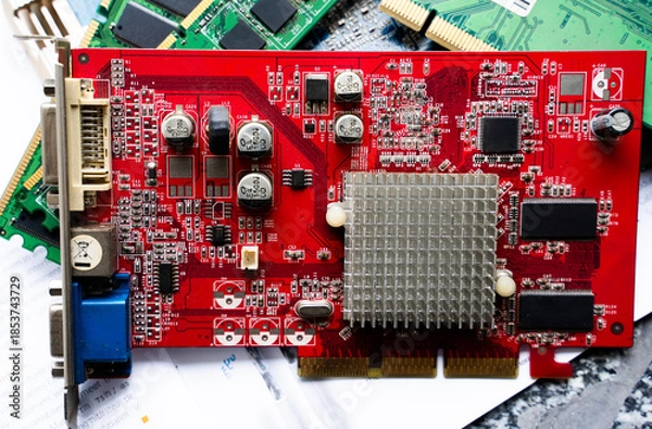 Obraz Red graphics card with electronic components on circuit board
