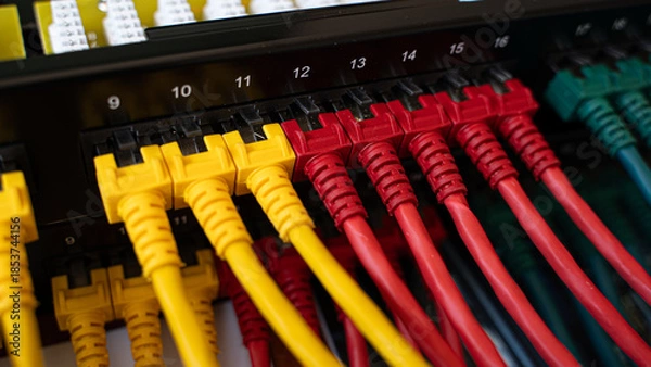 Obraz Network cables connected to a switch or router. Internet infrastructure and data communication concept.