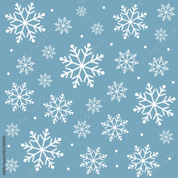 Obraz 雪の結晶シームレスパターン（ブルー）ー 白いスノーフレークが舞う青背景の冬デザイン。デザインペーパー、マスキングテープ、マスキングシールブック、フレークシール、手帳デコ素材、ノート表紙、ハンカチ、箸、マグカップ、皿、キッチンクロス、キッチン雑貨、ポーチ等に最適。