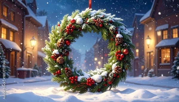 Obraz Snowy Christmas wreath view