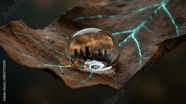 Fototapeta Ciudad reflejada en una gota sobre hoja