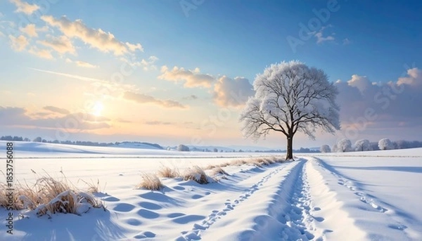 Obraz Snowy field with tree and path