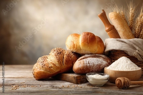 Fototapeta bakery and bread on rustic table