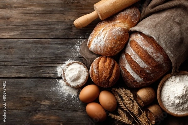 Fototapeta bakery and bread on rustic table