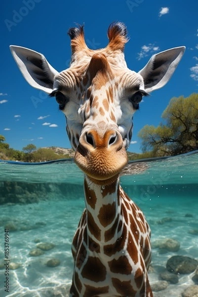 Fototapeta Giraffe swimming underwater revealing its unique features and playful demeanor in a clear blue environment