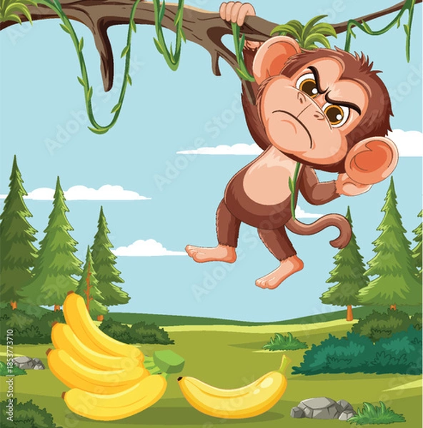 Fototapeta Angry Monkey Hanging From Tree Over Bananas