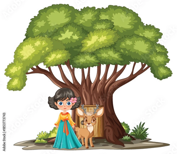 Fototapeta Girl and Deer Standing Under Large Green Tree