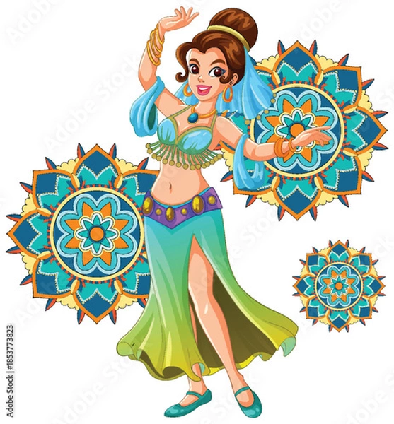 Fototapeta Smiling Belly Dancer Performing with Mandala Background Elements