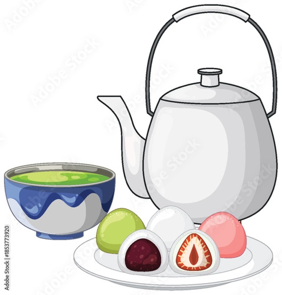 Obraz Japanese Tea Set with Matcha and Mochi Sweets