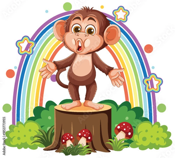Obraz Cartoon Monkey Singing on Tree Stump with Rainbow