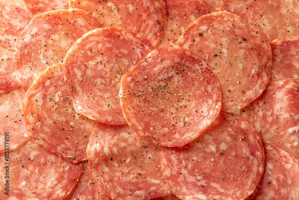 Obraz サラミを薄く切り丸皿に盛り付け