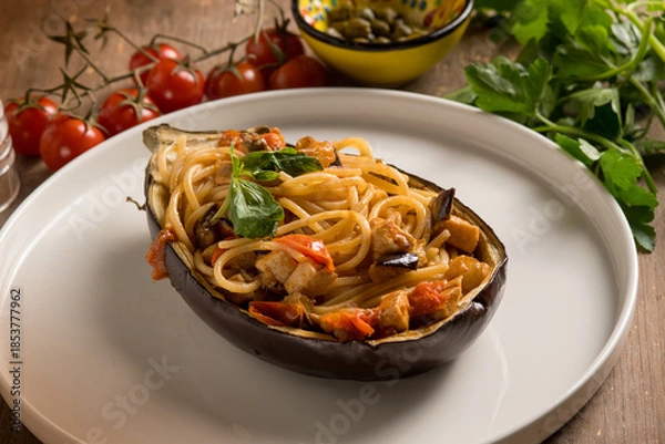 Obraz eggplant stuffed with spaghetti and swordfish