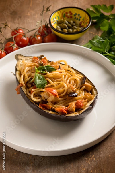Obraz eggplant stuffed with spaghetti and swordfish