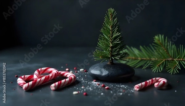 Obraz Christmas Card - Loading Concept - Tree And Candy Canes On Black Stone