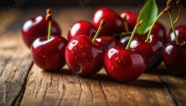 Obraz Fresh Cherries on Wood.