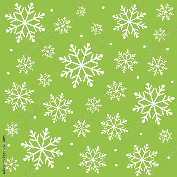 Obraz 雪の結晶シームレスパターン（グリーン）ー 白いスノーフレークが映える爽やかなグリーンの北欧風背景。デザインペーパー、マスキングテープ、マスキングシールブック、フレークシール、手帳デコ素材、ノート表紙、ハンカチ、箸、マグカップ、皿、キッチンクロス、キッチン雑貨、ポーチ等に最適。