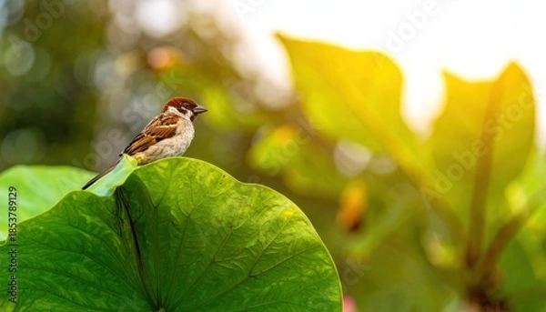 Obraz Sparrow on Lotus Leaf.