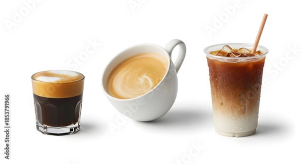 Fototapeta Variety of Coffee Drinks: Espresso, Cappuccino, and Iced Latte