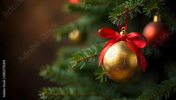 Obraz Christmas Background With Vintage Golden Ornament Hanging On Fir Branches