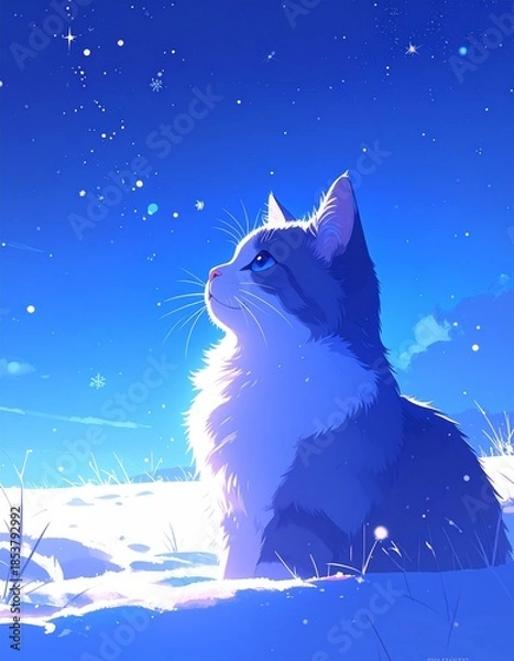 Fototapeta 月明かりに照らされた雪原。青い夜空の下、猫の瞳が星のように輝いている