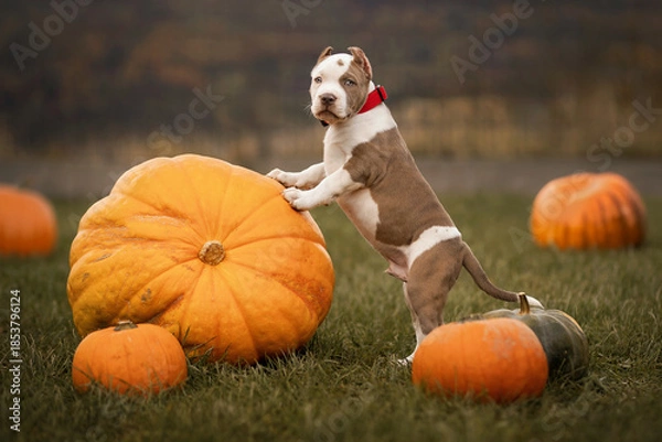 Obraz Cute puppy with a pumpkin
